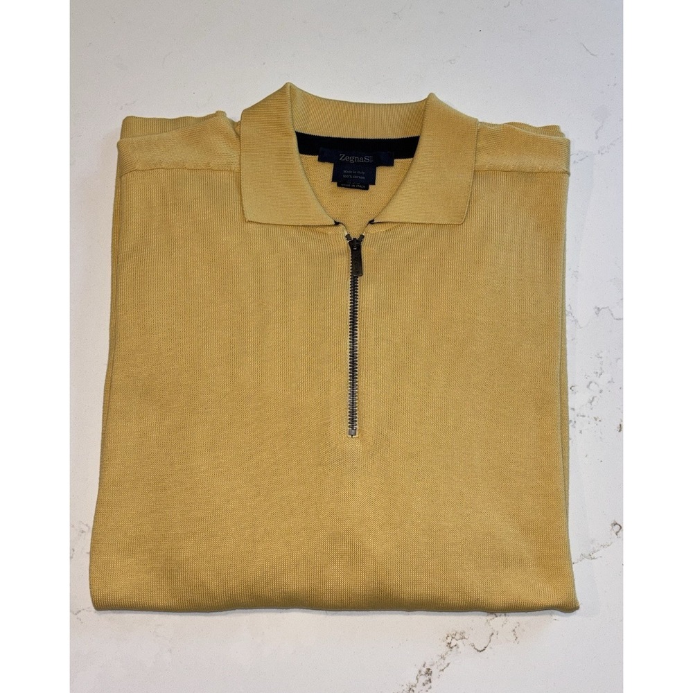 Zegna Sport 1/4 Zip Collared Sweater Yellow Pullover 100% Cotton Men's Large